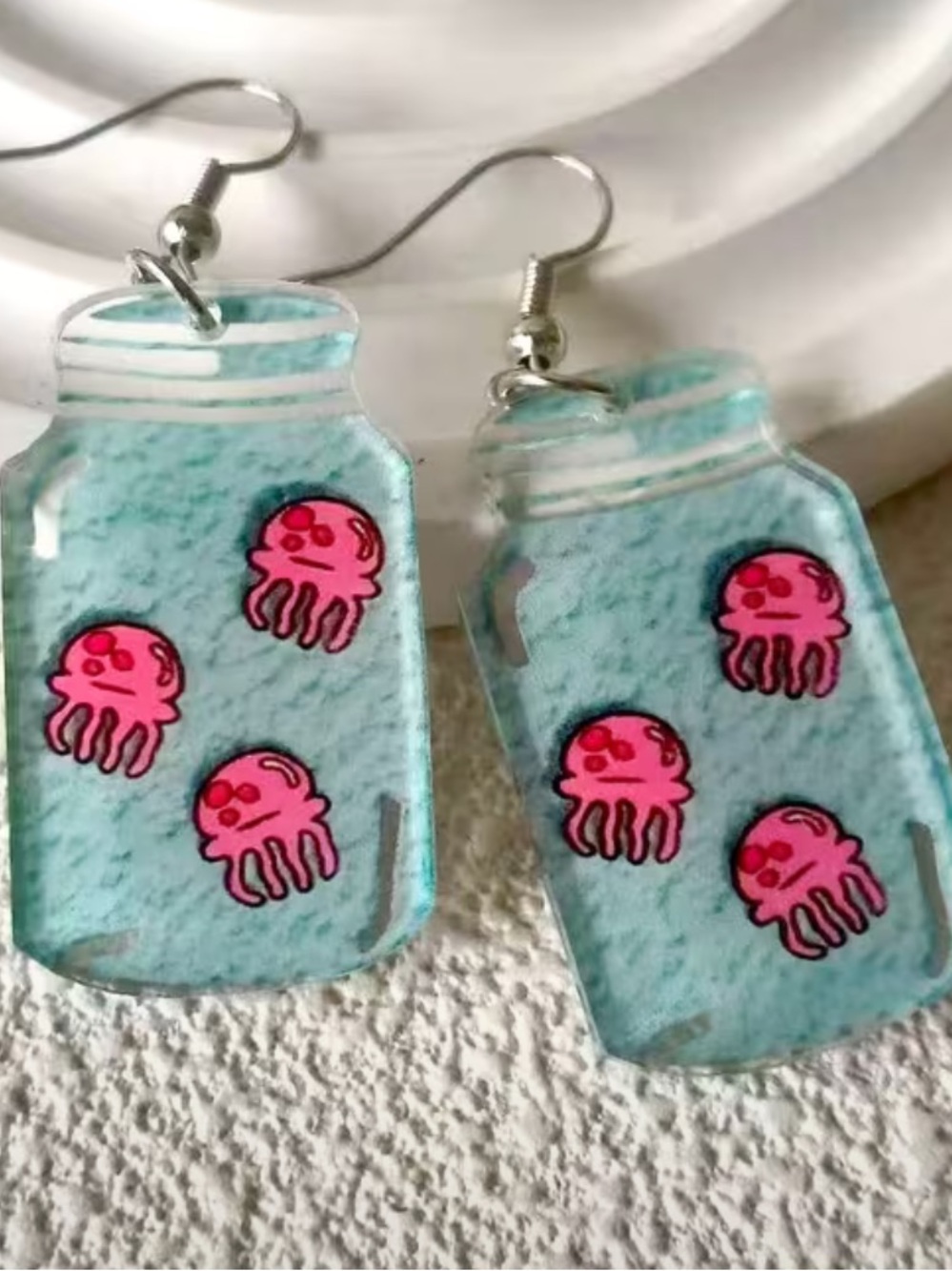 Acrylic Jar Earrings with Pink Jellyfish